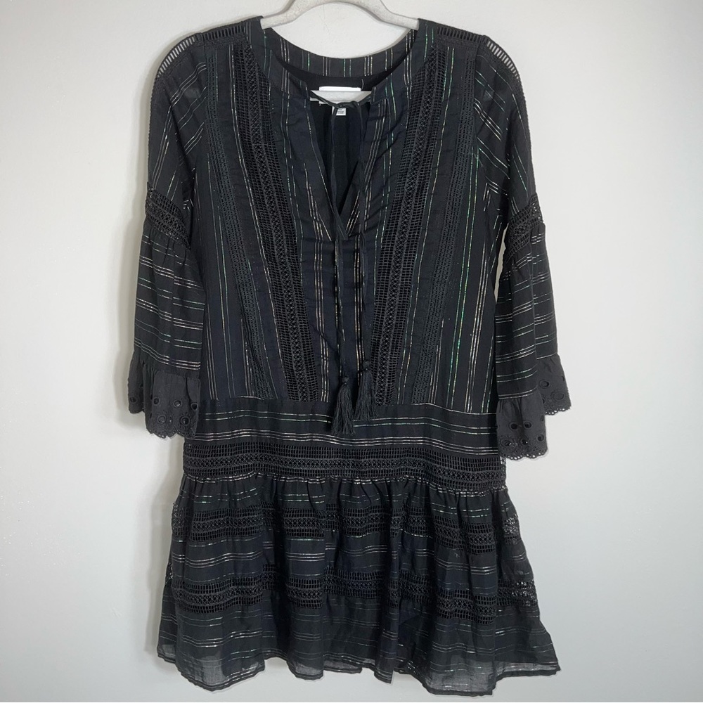 Allison New York Cotton Peasant Style Drop Waist Dress-Black Metallic-XS